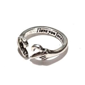 Sterling Silver Plated Ring Heart Hands I love You Forever Engraved Message NEW!